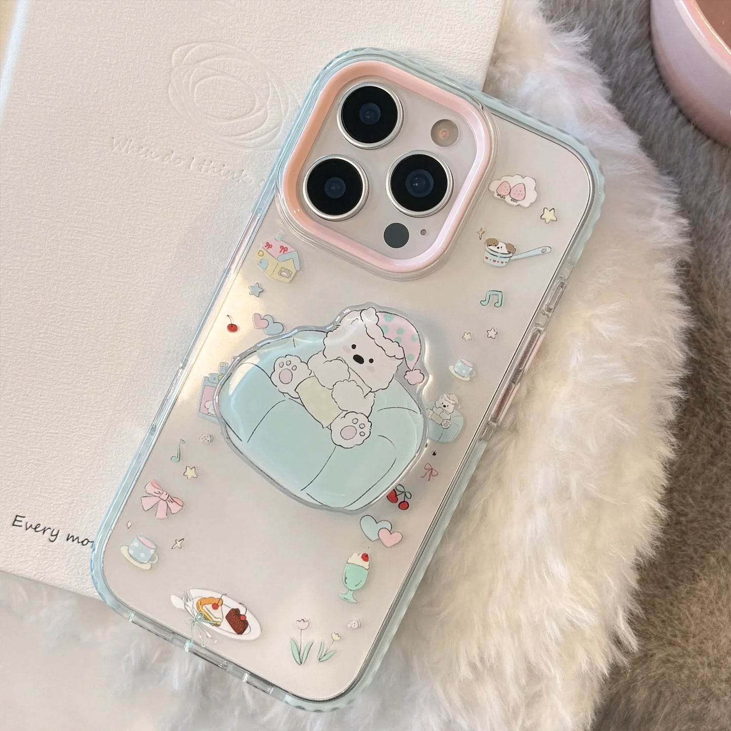 INS Dessert Clear Cartoon Sofa Puppy Bracket With Chain Phone Case For iPhone