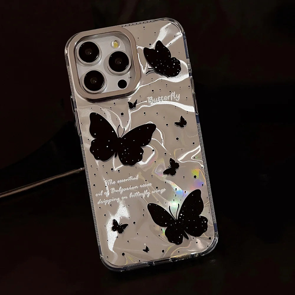 Luxury Black Butterfly Water Ripple Phone Case With Lanyard For iPhone